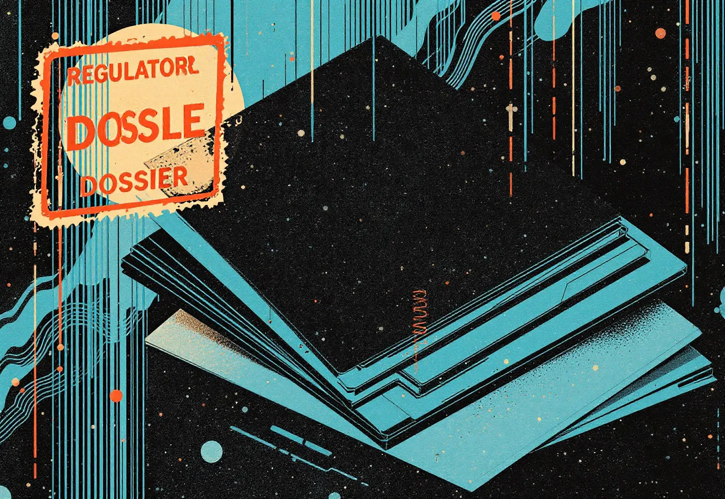A heroic-zine abstraction of a slate-cyan regulatory document stack marked by a single textless red stamp, on a deep cool-charcoal ground